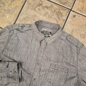 Rerun Mens XXL Grey Slub Texture Button Down Shirt Epaulettes Roll Tab Sleeve